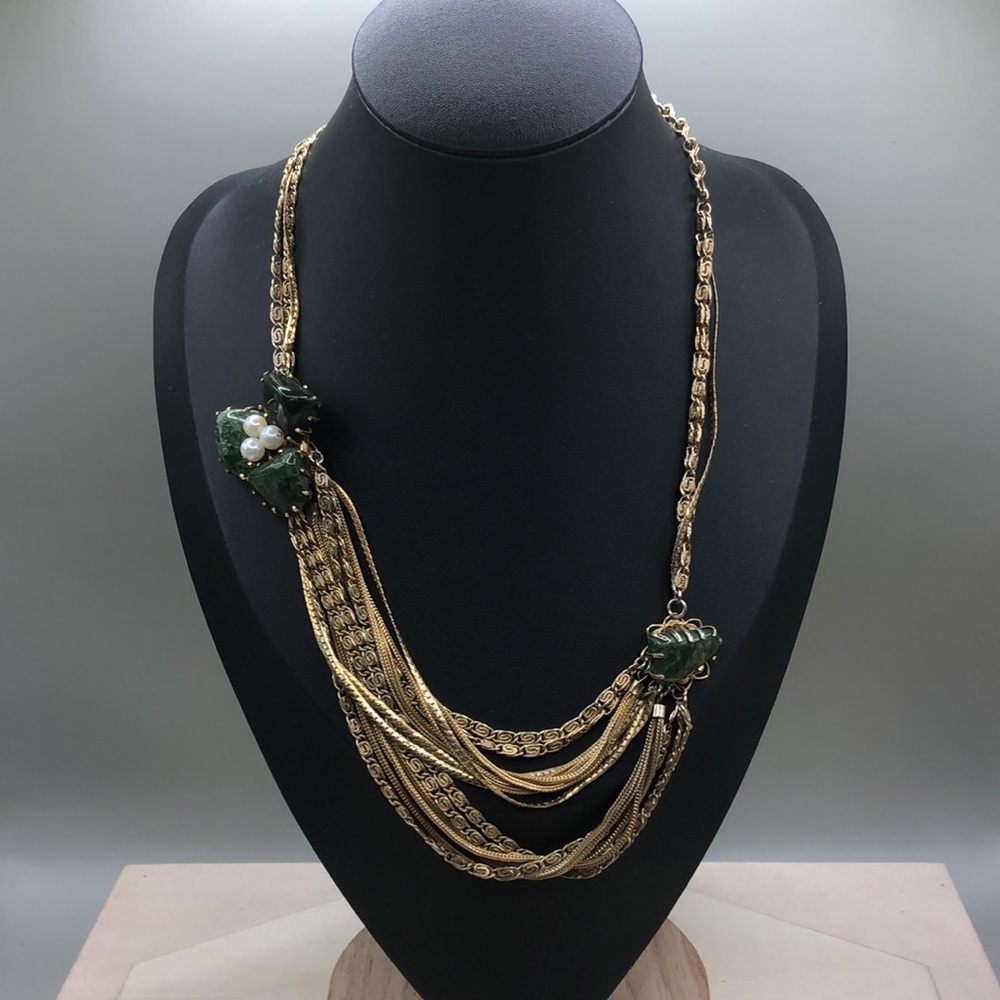 Vintage statement style milti chain draped necklace with pearls and stones. - Picture 7 of 8